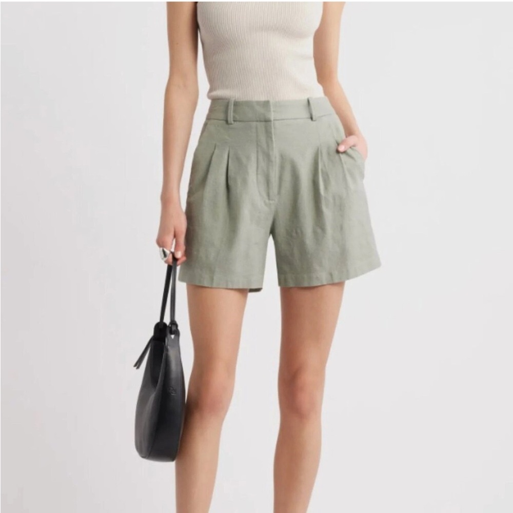 Open Edit Everyday Pleated Linen Blend Shorts Sage Green Size 10